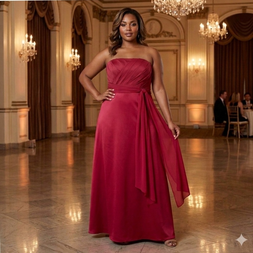Davids Bridal Red Strapless A-Line Chiffon Cascade Gown strapless Sz‎ 20 NEW